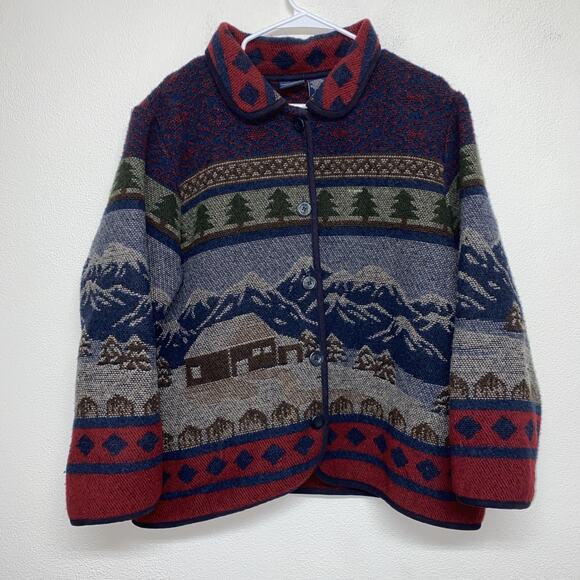 Vintage Cottagecore Jacket Unisex XL Blue Winter Mountains Cabin Wool Cardigan - Picture 1 of 9